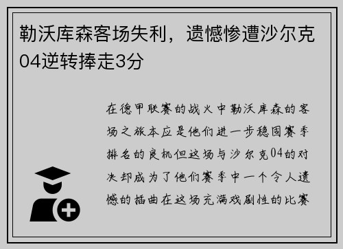 勒沃库森客场失利，遗憾惨遭沙尔克04逆转捧走3分