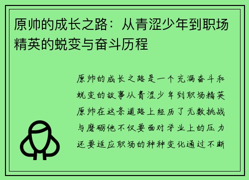 原帅的成长之路：从青涩少年到职场精英的蜕变与奋斗历程